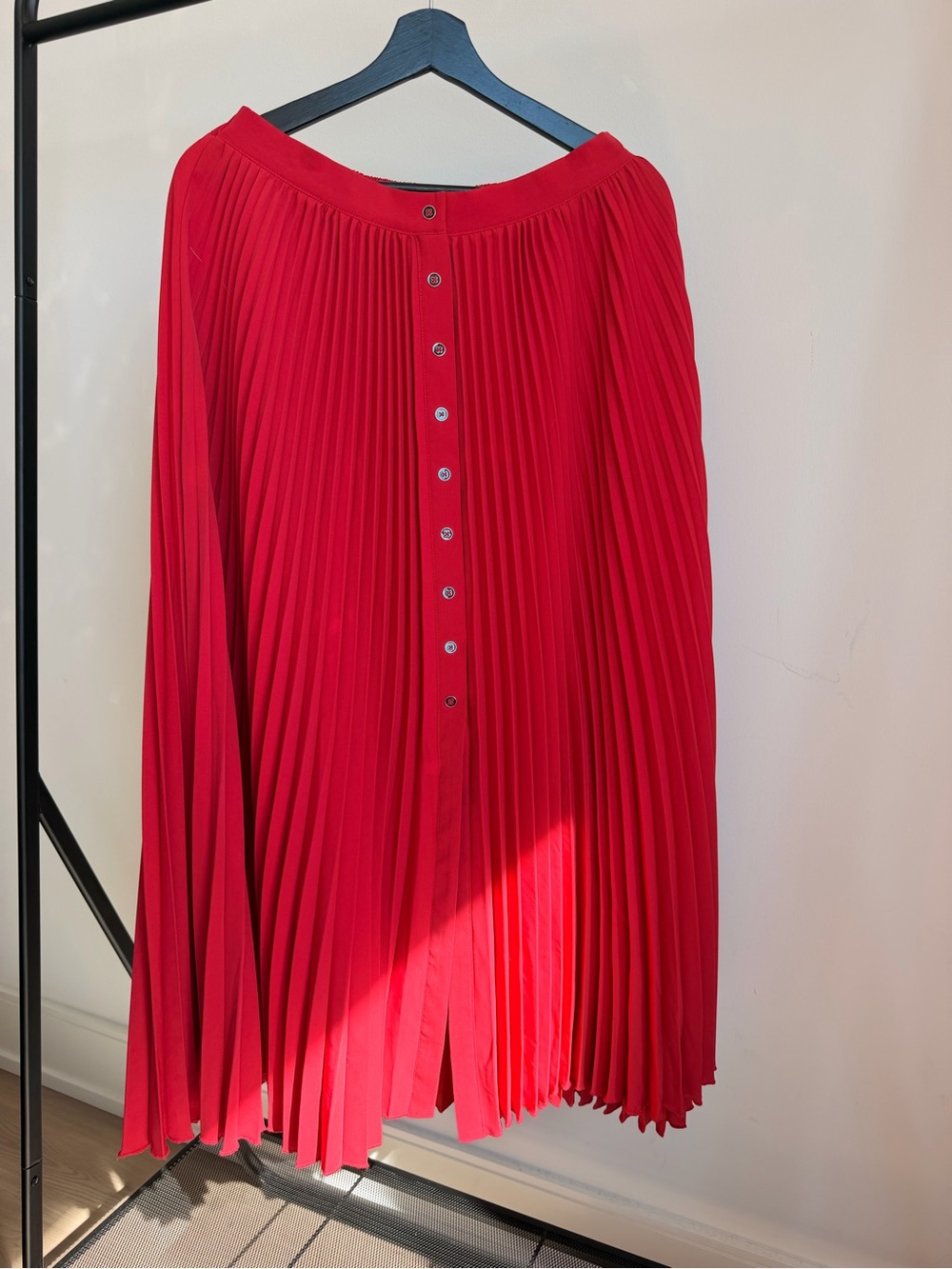 Maeve Red Pleated Button-Back Midi Skirt